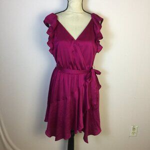 Express Faux Wrap Mini Dress Sz M Woman Pink Ruffle Flutter Sleeve Belted V-neck